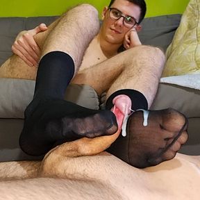 Sockjob with thin black sheer socks on my bf