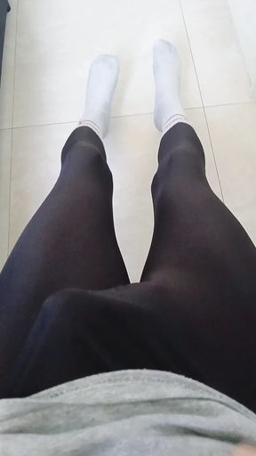 Having fun at home in the morning, wearing a black zentai and socks