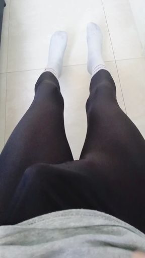 Having fun at home in the morning, wearing a black zentai and socks