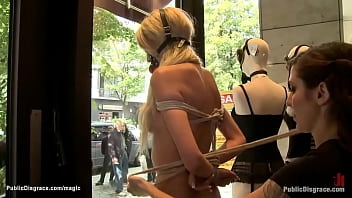 European blond bound in shop window