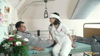Teen nurses fuck old grandpa in a fake hospital bed and give sloppy blowjob