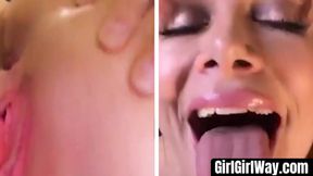 Brunette lesbian rubs her wet tight pussy for Kenna James intensely