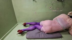 In the shower in a pink dress