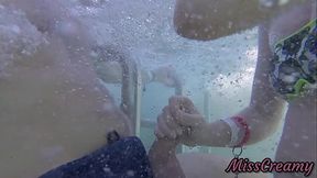 Teen student masturbate my cock in a public pool in front of everyone - it'_s very risky with people near- MissCreamy