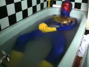 Raunchy Wetlook Bath 5: Blue Superhero Zentai