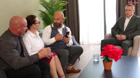 Hot Secretary Helps with a Business Deal and Has Dirty Threesome Sex with Her Boss and His Client in Front of the Bodyguard!