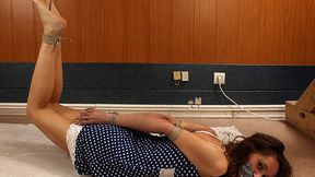 Tapegagged barefoot Ekaterina in polka dot dress, hogtied with her elbows tightly bound together and with her legs semi-suspended by her feet, wiggles on the floor (HD MP4)