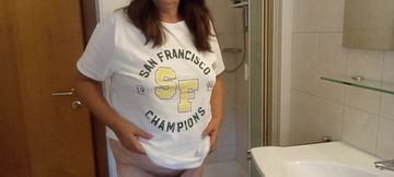 53 Year Old BBW Teases Her Soft Squishy Belly in the Bathroom
