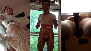 Oiled up Sissy Buns Slam Up Against the Window Riding Her Big Toy