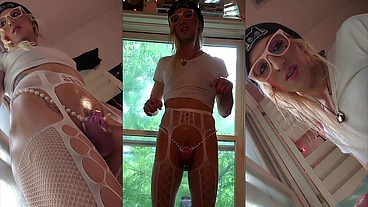 Oiled up Sissy Buns Slam Up Against the Window Riding Her Big Toy