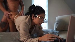 Pounding Latina girlfriend's pussy as she works on her laptop