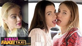 Three gorgeous girls get wild in a cab, wielding dildos like pros