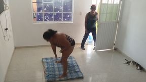 Perverted stepdad helps me with my exercises and we end up fucking very well with his big cock leaving all his semen on my face