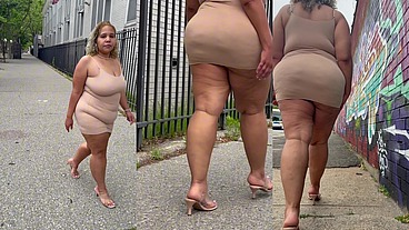 Natural Fat Ass - Thick Legs -High Heels-Stilettos-Mini Skirt -Puerto Rican BBW-Latina-AngieLove Lookalike-Redbone-LightSkin -Walking-SlowMotion
