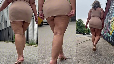 Natural Fat Ass - Thick Legs -High Heels-Stilettos-Mini Skirt -Puerto Rican BBW-Latina-AngieLove Lookalike-Redbone-LightSkin -Walking-SlowMotion