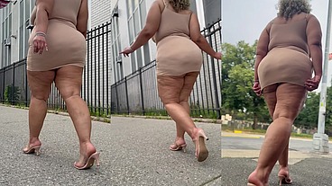 Natural Fat Ass - Thick Legs -High Heels-Stilettos-Mini Skirt -Puerto Rican BBW-Latina-AngieLove Lookalike-Redbone-LightSkin -Walking-SlowMotion