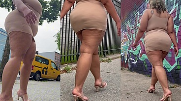 Natural Fat Ass - Thick Legs -High Heels-Stilettos-Mini Skirt -Puerto Rican BBW-Latina-AngieLove Lookalike-Redbone-LightSkin -Walking-SlowMotion