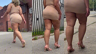 Natural Fat Ass - Thick Legs -High Heels-Stilettos-Mini Skirt -Puerto Rican BBW-Latina-AngieLove Lookalike-Redbone-LightSkin -Walking-SlowMotion