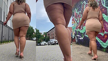 Natural Fat Ass - Thick Legs -High Heels-Stilettos-Mini Skirt -Puerto Rican BBW-Latina-AngieLove Lookalike-Redbone-LightSkin -Walking-SlowMotion
