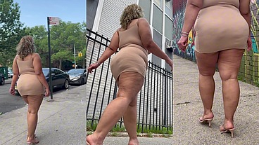 Natural Fat Ass - Thick Legs -High Heels-Stilettos-Mini Skirt -Puerto Rican BBW-Latina-AngieLove Lookalike-Redbone-LightSkin -Walking-SlowMotion