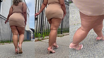 Natural Fat Ass - Thick Legs -High Heels-Stilettos-Mini Skirt -Puerto Rican BBW-Latina-AngieLove Lookalike-Redbone-LightSkin -Walking-SlowMotion