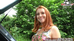 German redhead teen masturbates outdoors for pocket money