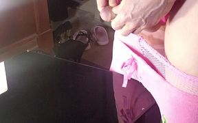 Sissy in Pink Fishnets Moans as She Dribbles Her Cum All Over the Table Phonecam Version