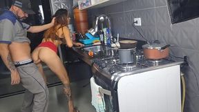 Slutty Latina seduced a plumber with her red mini skirt