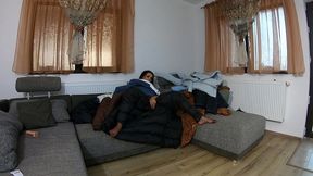 masturbation in fluffy down jackets & long coats with dirty talk