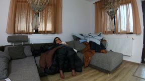masturbation in fluffy down jackets & long coats with dirty talk
