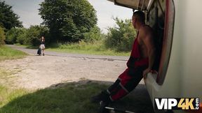Redhead temptress seduces tourists in the woods
