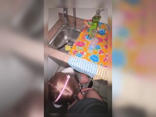 Washing Dishes! I Show Her My Wang to Seduce Her! This babe Sucks It Deliciously Watching Me With Her Little Face!