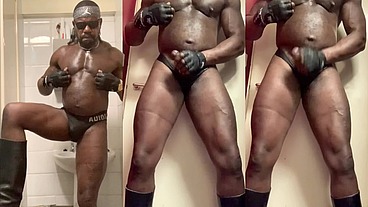 Black Muscle Geared in Tight Trunks Solo Nipple Play Edge & Cum