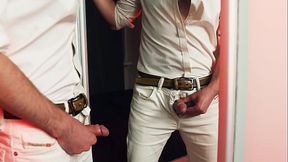 A handsome guy masturbates in front of a mirror. I finish loudly and fill the mirror with my sperm.