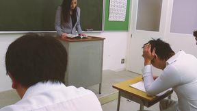 Asian Women in Heat Scene-3 gorgeous Horny Teacher in a Threesome with Two Students Ends up with Cum on Her Face and Pussy