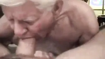 Gray-haired grandpa sucks big cock and takes it bareback