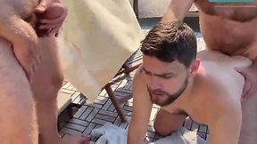Big gay threesome with chubby pool boy and bear daddies