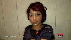 Filthy Brunette Blows in Bathroom Gangbang and Gets Facial Cum