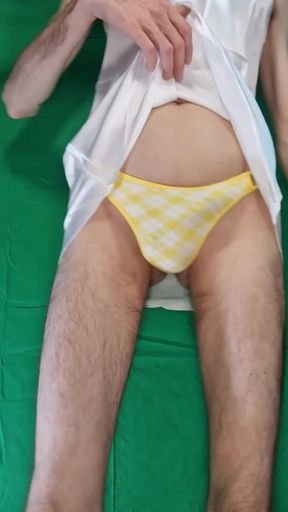 Yellow Plaid Thong and Satin White Nightgown