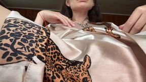 Wearing a short robe, I take off my panties and masturbate my creamy pussy with a vibrator.