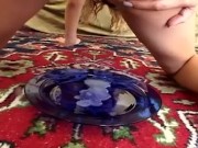 Kat Kiss gets her ass stretched and then drinks the cum on a plate