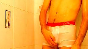 Shower in white nylon boxers