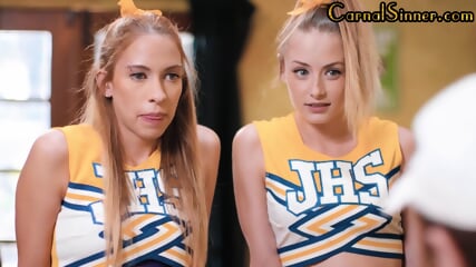 Cheerleader bitches fucked in threesome by big white dick