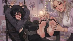 Tickling - popular girl tickles the shy girl's feet and soles in crazy pajama party prank