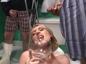 Long legged blondie gets her face drenched in cum