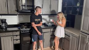 Stepmom fucks her stepson while her husband rests next to her