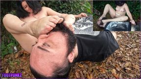 Goth NB Cutie Gives Dirty Foot Smelling Handjob Outdoors Fully Nude
