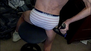 10 more Minutes with Massage Gun Grinding on Active Stool in Striped Briefs