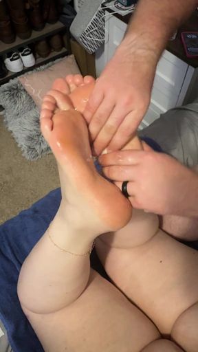 Husband gives wifey nude massage on feet, legs and body