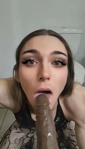 Trans slut does oral practice on 8inch BBC dildo